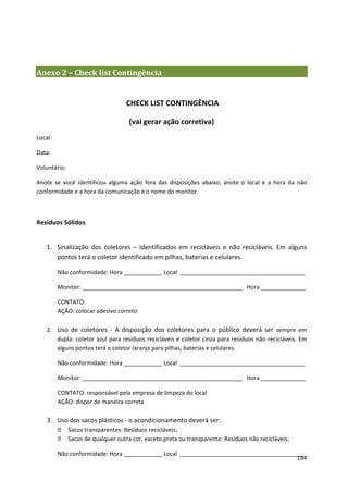 Anexo 2 – Check list Contingência


                                    CHECK LIST CONTINGÊNCIA

                                     (vai gerar ação corretiva)
Local:

Data:

Voluntário:

Anote se você identificou alguma ação fora das disposições abaixo, anote o local e a hora da não
conformidade e a hora da comunicação e o nome do monitor.



Resíduos Sólidos


    1. Sinalização dos coletores – identificados em recicláveis e não recicláveis. Em alguns
       pontos terá o coletor identificado em pilhas, baterias e celulares.

         Não conformidade: Hora ____________ Local _______________________________________

         Monitor: __________________________________________________ Hora ______________

         CONTATO:
         AÇÃO: colocar adesivo correto

    2. Uso de coletores - A disposição dos coletores para o público deverá ser sempre em
       dupla: coletor azul para resíduos recicláveis e coletor cinza para resíduos não recicláveis. Em
       alguns pontos terá o coletor laranja para pilhas, baterias e celulares.

         Não conformidade: Hora ____________ Local _______________________________________

         Monitor: __________________________________________________ Hora ______________

         CONTATO: responsável pela empresa de limpeza do local
         AÇÃO: dispor de maneira correta

    3. Uso dos sacos plásticos - o acondicionamento deverá ser:
             Sacos transparentes: Resíduos recicláveis;
             Sacos de qualquer outra cor, exceto preta ou transparente: Resíduos não recicláveis;

         Não conformidade: Hora ____________ Local _______________________________________
                                                                                        194
 
