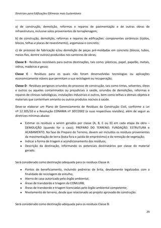 Diretrizes para Edificações Efêmeras mais Sustentáveis



a) de construção, demolição, reformas e reparos de pavimentação e de outras obras de
infraestrutura, inclusive solos provenientes de terraplenagem;

b) de construção, demolição, reformas e reparos de edificações: componentes cerâmicos (tijolos,
blocos, telhas e placas de revestimento), argamassa e concreto;

c) de processo de fabricação e/ou demolição de peças pré-moldadas em concreto (blocos, tubos,
meios-fios, dentre outros) produzidas nos canteiros de obras;

Classe B - Resíduos recicláveis para outras destinações, tais como: plásticos, papel, papelão, metais,
vidros, madeiras e gesso;

Classe C - Resíduos para os quais não foram desenvolvidas tecnologias ou aplicações
economicamente viáveis que permitam a sua reciclagem ou recuperação;

Classe D - Resíduos perigosos oriundos do processo de construção, tais como tintas, solventes, óleos
e outros ou aqueles contaminados ou prejudiciais à saúde, oriundos de demolições, reformas e
reparos de clínicas radiológicas, instalações industriais e outros, bem como telhas e demais objetos e
materiais que contenham amianto ou outros produtos nocivos à saúde.

Deve-se elaborar um Plano de Gerenciamento de Resíduos da Construção Civil, conforme a Lei
nº 12.305/10 e a Resolução CONAMA nº 307/2002 (e suas respectivas revisões), além de seguir as
diretrizes mínimas abaixo:

   ● Estimar os resíduos a serem gerados por classe (A, B, C ou D) em cada etapa da obra –
     DEMOLIÇÃO (quando for o caso); PREPARO DO TERRENO; FUNDAÇÃO; ESTRUTURA e
     ACABAMENTO. Na fase de Preparo do Terreno, devem ser incluídos os resíduos provenientes
     da movimentação de terra (bota-fora e jazida de empréstimo) e da remoção de vegetação;
   ● Indicar a forma de triagem e acondicionamento dos resíduos;
   ● Descrição da destinação, informando os potenciais destinatários por classe do material
     gerado.


Será considerado como destinação adequada para os resíduos Classe A:

   ●   Pontos de beneficiamento, incluindo pedreiras de brita, devidamente legalizados com a
       finalidade de reciclagem de entulho;
   ●   Aterro de cava autorizado pelo órgão ambiental;
   ●   Áreas de transbordo e triagem da COMLURB;
   ●   Áreas de transbordo e triagem licenciadas pelo órgão ambiental competente;
   ●   Nivelamento de terreno, desde que relacionado ao projeto aprovado de construção.


Será considerado como destinação adequada para os resíduos Classe B:

                                                                                                   29
 