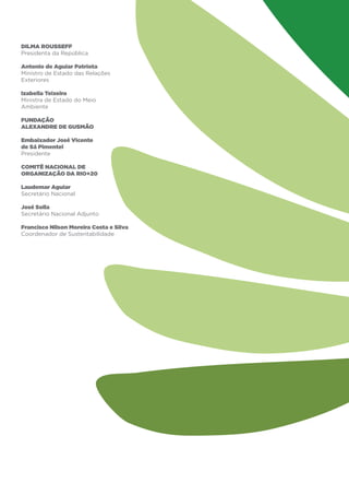Dilma Rousseff
Presidenta da República

Antonio de Aguiar Patriota
Ministro de Estado das Relações
Exteriores

Izabella Teixeira
Ministra de Estado do Meio
Ambiente

FUNDAÇÃO
ALEXANDRE DE GUSMÃO

Embaixador José Vicente
de Sá Pimentel
Presidente

COMITÊ NACIONAL DE
ORGANIZAÇÃO DA RIO+20

Laudemar Aguiar
Secretário Nacional

José Solla
Secretário Nacional Adjunto

Francisco Nilson Moreira Costa e Silva
Coordenador de Sustentabilidade
 