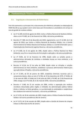 Plano de Gestão de Resíduos Sólidos da Rio+20



3. Fundamentação Técnica e Conceitual


   3.1.    Legislação e documentos de Referência


Esta lista apresenta as principais leis e documentos de referência utilizados na elaboração do
PGRS Rio+20 ou que podem servir como base para fornecedores e prestadores de serviço na
área de gestão de resíduos sólidos:

   • Lei nº 12.305, de 02 de agosto de 2010, institui a Política Nacional de Resíduos Sólidos;
     altera a Lei nº 9.605, de 12 de fevereiro de 1998; e dá outras providências.

   • Decreto nº 7.404, de 23 de dezembro de 2010, regulamenta a Lei nº 12.305, de 2 de
     agosto de 2010, que institui a Política Nacional de Resíduos Sólidos, cria o Comitê
     Interministerial da Política Nacional de Resíduos Sólidos e o Comitê Orientador para a
     Implantação dos Sistemas de Logística Reversa, e dá outras providências.

   • Lei nº 6.938, de 31 de agosto de 1981, dispõe sobre a Política Nacional do Meio
     Ambiente, seus fins e mecanismos de formulação e aplicação, e dá outras providências.

   • Lei nº 9.605, de 12 de fevereiro de 1998, dispõe sobre as sanções penais e
     administrativas derivadas de condutas e atividades lesivas ao meio ambiente, e dá
     outras providências.

   • Decreto nº 6.514, de 22 de julho de 2008, dispõe sobre as infrações e sanções
     administrativas ao meio ambiente, estabelece o processo administrativo federal para
     apuração destas infrações, e dá outras providências.

   • Lei nº 11.445, de 05 de janeiro de 2007, estabelece diretrizes nacionais para o
     saneamento básico; altera as Leis nº 6.766, de 19 de dezembro de 1979, nº 8.036, de
     11 de maio de 1990, nº 8.666, de 21 de junho de 1993, nº 8.987, de 13 de fevereiro de
     1995; revoga a Lei nº 6.528, de 11 de maio de 1978; e dá outras providências.

   • Decreto n° 5.940, de 25 de outubro de 2006, institui a separação dos resíduos
     recicláveis descartados pelos órgãos e entidades da administração pública federal
     direta e indireta, na fonte geradora, e a sua destinação às associações e cooperativas
     dos catadores de materiais recicláveis, e dá outras providências.

   • Lei nº 4.191, de 30 de setembro de 2003, dispõe sobre a Política Estadual de Resíduos
     Sólidos e dá outras providências (Rio de Janeiro).

   • Lei nº 3.273, de 19 de outubro de 2001, dispõe sobre a Gestão do Sistema de Limpeza
     Urbana no Município do Rio de Janeiro.

                                                                                           91
 
