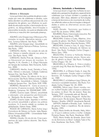 I - SUGESTÕES BIBLIOGRÁFICAS
. Gênero e Educação
Livros que tratam das questões de gênero e edu-
cação por meio de coletâneas e estudos, cujos
textos abordam as práticas educacionais de uma
perspectiva de gênero, sua influência na quali-
dade da educação escolar, a feminização do ma-
gistério, as desigualdades, discriminações e
preconceitos na escola, nos quais as relações entre
o feminino e masculino têm acentuada presença.
AQUINO, Julio Groppa (org.) Diferenças e Pre-
conceitos na escola: Alternativas teóricas e prá-
ticas. Summus Editorial, São Paulo, 1998.
AQUINO, Julio Groppa (org.) Sexualidade na
escola: Alternativas Teóricas e Práticas. Summus,
São Paulo, 1997.
CARVALHO, Marília. No coração da sala de
aula. Gênero e trabalho docente nas séries ini-
ciais. São Paulo: Xamã, 1999.
CARVALHO, Marília Pinto de. Gênero e Políti-
ca Educacional em tempos de incerteza. In:
Hypolito, A. M.; Gandin, L. A. (Orgs.) Educação
em tempos de incertezas. Belo Horizonte, Autên-
tica, 2000.
CARVALHO, Marília; Auad, Daniela e Faria,
Nalu. Gênero e educação. Coleção Cadernos
Sempre Viva. São Paulo: SOF, 1999.
CAVALLEIRO, Eliane. Do silêncio do lar ao si-
lêncio escolar. São Paulo: Editora contexto, 2000.
FARIA, Nalu. Sexualidade e Gênero. Coleção
Cadernos Sempre Viva. São Paulo: SOF, 1998.
MORENO, Monserrat M. Como se ensina a
ser menina. O sexismo na escola. São Paulo: Ed.
Moderna; Campinas: Ed. EDUNICAMP, 1999.
LOURO, Guacira Lopes. Gênero, sexualidade
e educação: uma perspectiva pós-Estruturalis-
ta. Petrópolis: Rio de Janeiro: Vozes, 1997.
LOURO, Guacira Lopes. Segredos e mentiras
do currículo sexualidade e gênero nas práticas
escolares. In A escola cidadã no contexto da
globalização. Editora Vozes, 2000.
PESSOA DE CARVALHO, Maria Eulina (org.)
Consciência de Gênero na Escola. João Pessoa:
Editora Universitária/UFPB – Universidade Fede-
ral da Paraíba, 2000.
VIANNA, Cláudia. Os nós do nós. Crise e pers-
pectivas da ação coletiva docente. São Paulo:
Xamã, 1999.
. Gênero, Sociedade e Feminismo
Livros que situam o lugar das mulheres na soci-
edade sob a perspectiva de gênero, especialmente
coletâneas que incluem também a questão da
educação. Além disso, debatem as formulações
e temas do feminismo e do movimento de mulhe-
res refletindo sobre as discriminações e desigual-
dades e sobre as alternativas sociais para
superá-las.
AUAD, Daniela. Feminismo: que história é
essa? Rio de Janeiro: DP&A, 2003.
BOURDIEU, Pierre. A dominação masculina. Rio
de Janeiro: Bertrand Brasil, 1999.
BRUSCHINI, Cristina e Costa, Albertina. Uma
questão de gênero. São Paulo: Fundação Carlos
Chagas/ Rio de Janeiro; Rosa dos Tempos, 1992.
BRUSCHINI, Cristina e Sorj, B. (org.) Novos
Olhares: Mulheres e Relações de Gênero no
Brasil. São Paulo: Fundação Carlos Chagas /
Marco Zero, 1994.
BRUSCHINI, Cristina e Hollanda Heloísa
Buarque (org.) Horizontes plurais. Novos estu-
dos de gênero no Brasil. São Paulo: Fundação
Carlos Chagas / Ed. 34.
BRUSCHINI, A. e Oliveira, A. Entre a virtude e
o pecado (org.) RJ; Rosa dos Tempos e SP; FCC,
1992.
BRUSCHINI, A. e Oliveira Costa, A. (org.) Re-
beldia e submissão. Estudos sobre a condição
feminina. SP; Fundação Carlos Chagas e Vérti-
ce, 1989.
BRUSCHINI, C. e Unbehaum (org.) Gênero, de-
mocracia e sociedade brasileira. São Paulo: Fun-
dação Carlos Chagas/ Ed. 34, 2002.
MADEIRA, Felícia (org.) Quem mandou nas-
cer mulher? Estudos sobre crianças e adolescen-
tes pobres no Brasil. Rio de Janeiro: Rosa dos
Tempos, 1997. (comprada pela ed. Record)
SAFFIOTI, H. e Muños, Vargas M. Mulher Bra-
sileira é assim. Rio de Janeiro: Record / Rosa dos
Tempos / Brasília: UNICEF. (atualmente Record)
SAFFIOTI, Heleieth e Almeida, Sueli. Violência
de gênero: Poder e impotência. Rio de Janeiro:
Revinter, 1995.
TELES, Maria Amélia de Almeida; Melo, Môni-
ca. O que é violência contra a mulher. Coleção
Primeiros Passos. São Paulo: Brasiliense, 2002.
TELES, Maria Amélia de Almeida. Breve histó-
ria do feminismo no Brasil. Coleção Tudo é His-
tória. Brasiliense: São Paulo, 1999.
13
 