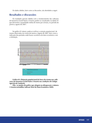 117ARTIGOS
Os dados obtidos, bem como as discussões, são abordados a seguir.
No gráfico 01 abaixo, pode-se verificar a variação populacional de
insetos observados nos meses de Janeiro a Agosto de 2007, bem como a
indicação dos períodos onde houve ocorrência de dano econômico com
a infestação.
Resultados e discussões
Os resultados parciais obtidos com o monitoramento das cultivares
de bananeira Grand Naine e Enxerto podem se visualizados na tabela 01
que demonstra a quantidade média de insetos por semana, no período de
janeiro a agosto de 2007:
Gráfico 01: Flutuação populacional da broca do rizoma nas culti-
vares de bananeira Grand Naine e Enxerto nas condições do Colégio
Agrícola de Camboriú.
Obs.: os pontos do gráfico que atingem ou ultrapassam o número
3 (insetos/armadilha) indicam Nível de Dano Econômico (NDE).
 