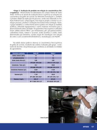 127ARTIGOS
•Etapa 2- Avaliação do produto em relação às características físi-
co-químicas - Desenvolvida nos laboratórios do campus Vitória de Santo
Antão. Verificou-se através de avaliações físicas e químicas as variações nas
características da geléia de acerola nas diferentes formulações e, também
o produto obtido da replicação do processo, sendo este elaborado no Ins-
tituto Federal Ceará, campus Iguatu. Esta etapa se propôs a orientar na cor-
relação processo, produto e avaliações necessárias nesta correlação. Assim,
o grupo trabalhou o conhecimento teórico-prático em relação às medidas
analíticas, utilizando equipamentos e outros materiais necessários para o
desenvolvimento desta atividade. Os parâmetros físico-químicos utilizados
foram: sólidos solúveis (ºBrix) - por refratometria, pH - por potenciometria,
carboidratos (totais, redutor e sacarose), ácido ascórbico e acidez, todos
determinados por titrimetria, usando reação de oxiredução com solução
de cobre e com 2,6-diclorofenolindofenol e, neutralização com NaOH.
Na tabela abaixo pode-se observar as características físico-químicos
da geléia de acerola, resultante das análises realizadas pelo grupo consti-
tuinte de docente e da professora que coordenou as atividades no módulo
de agroindústria
Parâmetros analisados Geléia NC Geléia C
Sólidos solúveis (oBrix) 72 72
pH (potenciometria) 3,5 3,5
Acidez (ácido cítrico g%) 0,66 0,99
DP:0,501 CV%:0,38 DP:91,15 CV%: 9,22
Carboidratos Totais (g%) 42,2 49,65
DP:0,983 CV%:2,33 DP:0,349 CV%: 0,70
Carboidratos Redutores (g%) 23,89 21,98
DP:0,969 CV%:4,06 DP:1,728 CV%: 7,86
Sacarose (g%) 17,39 26,29
DP:1,855 CV%:10,67 DP:1,973 CV%: 7,51
Vitamina C (mg%) 1067,47 2215,91
DP: 77,593 CV%:7,27 DP: 80,353 CV%:3,63
Envase da geléia
 