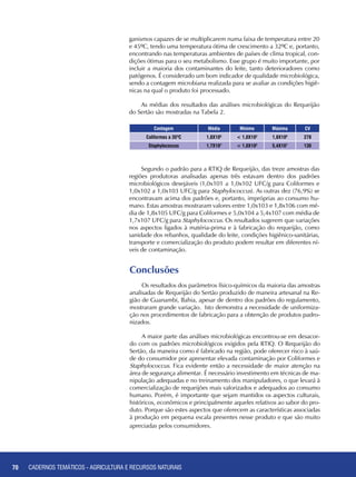 70 CADERNOS TEMÁTICOS - AGRICULTURA E RECURSOS NATURAIS70
ganismos capazes de se multiplicarem numa faixa de temperatura entre 20
e 45ºC, tendo uma temperatura ótima de crescimento a 32ºC e, portanto,
encontrando nas temperaturas ambientes de países de clima tropical, con-
dições ótimas para o seu metabolismo. Esse grupo é muito importante, por
incluir a maioria dos contaminantes do leite, tanto deterioradores como
patógenos. É considerado um bom indicador de qualidade microbiológica,
sendo a contagem microbiana realizada para se avaliar as condições higiê-
nicas na qual o produto foi processado.
As médias dos resultados das análises microbiológicas do Requeijão
do Sertão são mostradas na Tabela 2.
Contagem Média Mínimo Máxima CV
Coliformes a 35ºC 1,8X105
< 1,0X102
1,8X106
278
Staphylococcus 1,7X107
< 1,0X102
5,4X107
130
Segundo o padrão para a RTIQ de Requeijão, das treze amostras das
regiões produtoras analisadas apenas três estavam dentro dos padrões
microbiológicos desejáveis (1,0x101 a 1,0x102 UFC/g para Coliformes e
1,0x102 a 1,0x103 UFC/g para Staphylococcus). As outras dez (76,9%) se
encontravam acima dos padrões e, portanto, impróprias ao consumo hu-
mano. Estas amostras mostraram valores entre 1,0x103 e 1,8x106 com mé-
dia de 1,8x105 UFC/g para Coliformes e 5,0x104 a 5,4x107 com média de
1,7x107 UFC/g para Staphylococcus. Os resultados sugerem que variações
nos aspectos ligados à matéria-prima e à fabricação do requeijão, como
sanidade dos rebanhos, qualidade do leite, condições higiênico-sanitárias,
transporte e comercialização do produto podem resultar em diferentes ní-
veis de contaminação.
Conclusões
Os resultados dos parâmetros físico-químicos da maioria das amostras
analisadas de Requeijão do Sertão produzido de maneira artesanal na Re-
gião de Guanambi, Bahia, apesar de dentro dos padrões do regulamento,
mostraram grande variação. Isto demonstra a necessidade de uniformiza-
ção nos procedimentos de fabricação para a obtenção de produtos padro-
nizados.
A maior parte das análises microbiológicas encontrou-se em desacor-
do com os padrões microbiológicos exigidos pela RTIQ. O Requeijão do
Sertão, da maneira como é fabricado na região, pode oferecer risco à saú-
de do consumidor por apresentar elevada contaminação por Coliformes e
Staphylococcus. Fica evidente então a necessidade de maior atenção na
área de segurança alimentar. É necessário investimento em técnicas de ma-
nipulação adequadas e no treinamento dos manipuladores, o que levará à
comercialização de requeijões mais valorizados e adequados ao consumo
humano. Porém, é importante que sejam mantidos os aspectos culturais,
históricos, econômicos e principalmente aqueles relativos ao sabor do pro-
duto. Porque são estes aspectos que oferecem as características associadas
à produção em pequena escala presentes nesse produto e que são muito
apreciadas pelos consumidores.
CADERNOS TEMÁTICOS - AGRICULTURA E RECURSOS NATURAIS
 