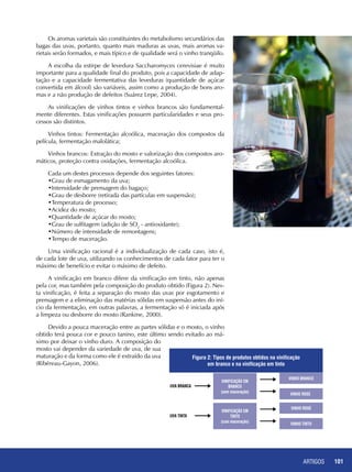 ARTIGOS 101
Os aromas varietais são constituintes do metabolismo secundários das
bagas das uvas, portanto, quanto mais maduras as uvas, mais aromas va-
rietais serão formados, e mais típico e de qualidade será o vinho tranqüilo.
A escolha da estirpe de levedura Saccharomyces cerevisiae é muito
importante para a qualidade final do produto, pois a capacidade de adap-
tação e a capacidade fermentativa das leveduras (quantidade de açúcar
convertida em álcool) são variáveis, assim como a produção de bons aro-
mas e a não produção de defeitos (Suárez Lepe, 2004).
As vinificações de vinhos tintos e vinhos brancos são fundamental-
mente diferentes. Estas vinificações possuem particularidades e seus pro-
cessos são distintos.
Vinhos tintos: Fermentação alcoólica, maceração dos compostos da
película, fermentação malolática;
Vinhos brancos: Extração do mosto e valorização dos compostos aro-
máticos, proteção contra oxidações, fermentação alcoólica.
Cada um destes processos depende dos seguintes fatores:
•Grau de esmagamento da uva;
•Intensidade de prensagem do bagaço;
•Grau de desborre (retirada das partículas em suspensão);
•Temperatura de processo;
•Acidez do mosto;
•Quantidade de açúcar do mosto;
•Grau de sulfitagem (adição de SO2
- antioxidante);
•Número de intensidade de remontagens;
•Tempo de maceração.
Uma vinificação racional é a individualização de cada caso, isto é,
de cada lote de uva, utilizando os conhecimentos de cada fator para ter o
máximo de benefício e evitar o máximo de defeito.
A vinificação em branco difere da vinificação em tinto, não apenas
pela cor, mas também pela composição do produto obtido (Figura 2). Nes-
ta vinificação, é feita a separação do mosto das uvas por esgotamento e
prensagem e a eliminação das matérias sólidas em suspensão antes do iní-
cio da fermentação, em outras palavras, a fermentação só é iniciada após
a limpeza ou desborre do mosto (Rankine, 2000).
Devido a pouca maceração entre as partes sólidas e o mosto, o vinho
obtido terá pouca cor e pouco tanino, este último sendo evitado ao má-
ximo por deixar o vinho duro. A composição do
mosto vai depender da variedade de uva, de sua
maturação e da forma como ele é extraído da uva
(Ribéreau-Gayon, 2006).
VINIFICAÇÃO EM
BRANCO
(sem maceração)
VINHO BRANCO
VINHO ROSÉ
UVA BRANCA
VINIFICAÇÃO EM
TINTO
(com maceração)
VINHO ROSÉ
VINHO TINTO
UVA TINTA
Figura 2: Tipos de produtos obtidos na vinificação
em branco e na vinificação em tinto
 