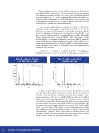 CADERNOS TEMÁTICOS INDÚSTRIA E COMÉRCIO44
Como se pode observar, a argila azul contém um teor de óxido de
ferro abaixo de 2%, confirmando a hipótese de matéria prima que favorece
uma queima com aparência clara. Esta contém uma relação alumina/sílica
de aproximadamente 1:1, e embora apresente baixos teores de álcalis, que
poderão ajudar na formação da fase líquida durante a sinterização, esta
também pode tomar parte no processo de formação da fase vítrea do tipo
sílico-aluminosa quando associada à alumina [3].
Assim como na argila plástica, o resultado do resíduo de caulim apre-
senta uma relação alumina/sílica de aproximadamente 1:1 e um teor de
óxido de ferro abaixo de 2%, podendo se comportar como uma matéria-
prima formadora de estrutura mesmo em temperaturas elevadas. Por outro
lado, o teor de óxido de potássio é elevado, isto deve conduzir a formação
de fase líquida abundante acima de 1100°C. Além disso devido ao alto
teor de alumina em relação aos óxidos de sódio, ferro, cálcio e magnésio,
a fase líquida formada durante o processo de sinterização, pode se com-
portar como uma fase líquida de alta viscosidade ou uma fase transiente,
o que é desejável para a obtenção de produtos com propriedades físicas e
mecânicas mais elevadas.
As Figuras 3 e 4 mostram os resultados da análise mineralógica por
difração de raios X do resíduo de caulim e da argila azul respectivamente.
A Figura 3 apresenta os picos característicos de cada fase presente
com alta intensidade e bem definidos do resíduo de caulim, estes picos
mostram a presença das fases: caulinita, mica muscovita e quartzo. A pre-
sença dessas fases, confirmam o resultado obtido na análise química. Já na
Figura 4, que mostra picos característicos de cada fase presente e também
com alta intensidade e bem definido da argila azul, encontra-se a presença
das fases caulinita e quartzo, o que não é totalmente confirmado pela aná-
lise química do mesmo, onde encontramos traços de CaO, Na2
O e MgO.
Como a presença desses óxidos ocorre em porcentagens pequenas, atribu-
ímos essa presença à matéria orgânica presente na argila. Como veremos
posteriormente, a presença desses óxidos foram incluídas na análise racio-
nal com a presença de fases acessórios sem, no entanto, provocar danos
que pudesse ser observado no comportamento das massas.
Figura 3 – Análise por difração de
raios X do resíduo de caulim.
Figura 4 – Análise por difração de
raios X da argila azul.
 