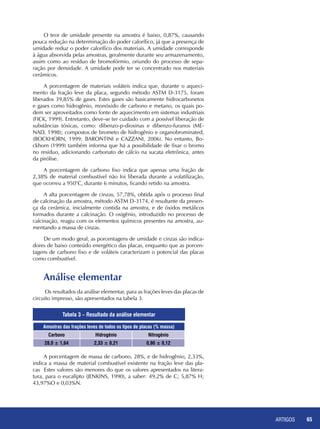 ARTIGOS 65
Tabela 3 – Resultado da análise elementar
O teor de umidade presente na amostra é baixo, 0,87%, causando
pouca redução na determinação do poder calorífico, já que a presença de
umidade reduz o poder calorífico dos materiais. A umidade corresponde
à água absorvida pelas amostras, geralmente durante seu armazenamento,
assim como ao resíduo de bromofórmio, oriundo do processo de sepa-
ração por densidade. A umidade pode ter se concentrado nos materiais
cerâmicos.
A porcentagem de materiais voláteis indica que, durante o aqueci-
mento da fração leve da placa, segundo método ASTM D-3175, foram
liberados 39,85% de gases. Estes gases são basicamente hidrocarbonetos
e gases como hidrogênio, monóxido de carbono e metano, os quais po-
dem ser aproveitados como fonte de aquecimento em sistemas industriais
(FICK, 1999). Entretanto, deve-se ter cuidado com a possível liberação de
substâncias tóxicas, como: dibenzo-p-dioxinas e dibenzo-furanos (ME-
NAD, 1998); compostos de brometo de hidrogênio e organobrominated,
(BOCKHORN, 1999; BARONTINI e CAZZANI, 2006). No entanto, Bo-
ckhorn (1999) também informa que há a possibilidade de fixar o bromo
no resíduo, adicionando carbonato de cálcio na sucata eletrônica, antes
da pirólise.
A porcentagem de carbono fixo indica que apenas uma fração de
2,38% de material combustível não foi liberada durante a volatilização,
que ocorreu a 950°C, durante 6 minutos, ficando retido na amostra.
A alta porcentagem de cinzas, 57,78%, obtida após o processo final
de calcinação da amostra, método ASTM D-3174, é resultante da presen-
ça da cerâmica, inicialmente contida na amostra, e de óxidos metálicos
formados durante a calcinação. O oxigênio, introduzido no processo de
calcinação, reagiu com os elementos químicos presentes na amostra, au-
mentando a massa de cinzas.
De um modo geral, as porcentagens de umidade e cinzas são indica-
dores de baixo conteúdo energético das placas, enquanto que as porcen-
tagens de carbono fixo e de voláteis caracterizam o potencial das placas
como combustível.
Análise elementar
Os resultados da análise elementar, para as frações leves das placas de
circuito impresso, são apresentados na tabela 3.
Amostras das frações leves de todos os tipos de placas (% massa)
Carbono Hidrogênio Nitrogênio
28,0 ± 1,64 2,33 ± 0,21 0,90 ± 0,12
A porcentagem de massa de carbono, 28%, e de hidrogênio, 2,33%,
indica a massa de material combustível existente na fração leve das pla-
cas Estes valores são menores do que os valores apresentados na litera-
tura, para o eucalípto (JENKINS, 1990), a saber: 49,2% de C; 5,87% H;
43,97%O e 0,03%N.
 