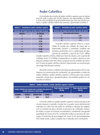 CADERNOS TEMÁTICOS INDÚSTRIA E COMÉRCIO66
Amostras das frações leves de todos os tipos de placas.
Poder calorífico Inferior (MJ/kg)
H 2,33%
Hs 11,63
Hi 11,13
O poder calorífico superior refere-se à quan-
tidade de energia por unidade de massa que se
depreendeu durante a combustão completa das
amostras, juntamente com a condensação de água
(parcela de umidade), a qual foi de 11,63 MJ/kg.
O poder calorífico inferior, obtido por meio de cálculos, sem a parcela de
umidade, foi de 11,13 MJ/kg. Comparando-se os valores, observa-se uma
pequena variação entre eles, dado o pequeno teor de umidade das amos-
tras. O valor do poder calorífico inferior é determinante na caracterização
da energia liberada pelo material.
Buscando verificar a influência da fração pesada das placas de circuito
impresso na caracterização do combustível, são apresentados os dados da
análise imediata e poder calorífico superior e inferior, para uma amostra
contendo a fração leve e pesada das placas. Os resultados podem ser ob-
servados na tabela 6.
Poder Calorífico
Os resultados dos ensaios de poder calorífico superior, para as frações
leves de todas as placas de circuito impresso, são apresentados na tabela
4. Com estes resultados foi possível determinar, por meio de cálculos ana-
líticos, o poder calorífico inferior das amostras, apresentado na tabela 5
Amostras das frações leves de todos os tipos de placas
Amostra Hs (MJ/kg)
1 12,04
2 11,45
3 10,95
4 11,26
5 11,78
6 12,30
Média 11,63
Tabela 4 – Resultado do poder calorífico superior Tabela 5 – Resultado do poder calorífico inferior
Tabela 6 – Análise imediata, e poder calorífico superior e inferior
Análise imediata das frações leves e pesadas das placas de
circuito impresso (% Base Seca)
Poder calorífico superior
(MJ/kg)
Poder calorífico inferior
(MJ/kg)
Umidade Voláteis Carbono Fixo Cinzas
4,88 4,68
0,37 16,70 0,99 82,27
O teor de voláteis e o poder calorífico superior e inferior das placas de
circuito impresso, contendo a fração leve e pesada, foram drasticamente
reduzidos, em 58%. Este fato pode ser atribuído à interação do oxigênio
com os materiais da placa, durante os processos de combustão, forman-
do óxidos, os quais se tornaram incombustíveis, constituindo uma grande
quantidade de cinzas, 82,27%, considerado resíduo no processo de calci-
nação. O acréscimo da porcentagem de cinzas foi de aproximadamente
42%. Deste modo, a placa completa não é indicada como combustível.
 