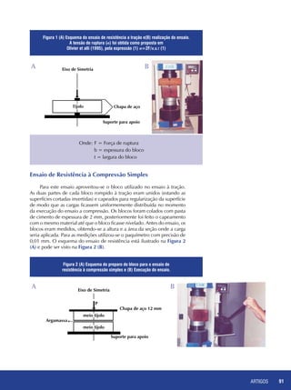 ARTIGOS 91
Eixo de Simetria
Tijolo Chapa de aço
Suporte para apoio
Eixo de Simetria
P
Chapa de aço 12 mm
Argamassa
meio tijolo
meio tijolo
Suporte para apoio
Figura 1 (A) Esquema do ensaio de resistência a tração e(B) realização do ensaio.
A tensão de ruptura (σ) foi obtida como proposta em
Olivier et alli (1995), pela expressão (1) σ=2F/π.b.t (1)
Figura 2 (A) Esquema do preparo do bloco para o ensaio de
resistência à compressão simples e (B) Execução do ensaio.
Onde: F = Força de ruptura
b = espessura do bloco
t = largura do bloco
A
A
B
B
Ensaio de Resistência à Compressão Simples
Para este ensaio aproveitou-se o bloco utilizado no ensaio à tração.
As duas partes de cada bloco rompido à tração eram unidos (estando as
superfícies cortadas invertidas) e capeados para regularização da superfície
de modo que as cargas ficassem uniformemente distribuída no momento
da execução do ensaio a compressão. Os blocos foram colados com pasta
de cimento de espessura de 2 mm, posteriormente foi feito o capeamento
com o mesmo material até que o bloco ficasse nivelado. Antes do ensaio, os
blocos eram medidos, obtendo-se a altura e a área da seção onde a carga
seria aplicada. Para as medições utilizou-se o paquímetro com precisão de
0,01 mm. O esquema do ensaio de resistência está ilustrado na Figura 2
(A) e pode ser visto na Figura 2 (B).
 