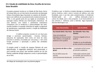 2.5- Estudo de viabilidade da Área: Escolha do terreno
Setor Brooklin
O público a que se destina o projeto abrange os moradores dos
bairros lindeiros, onde a área é carente de edifícios com esta
finalidade, pois o uso dos solos predominantes é residencial.
Também pode ser um edifício destinado a lazer e
cultura da cidade, pois a área proposta é um local próximo as
vias arteriais e coletoras, como a Avenida Agua Espraiada e
Avenida Washington Luís.
O projeto proposto localiza-se na Cidade de São Paulo, bairro
do Campo Belo, em um lote dentro do perímetro da Operação
Urbana Consolidada Agua Espraiada na subárea do Brooklin -
bairro com edifícios de uso predominante residencial (cerca de
77%), e com grande parte de sua região já consolidada. A
operação urbana referida visa intervenções urbanísticas de
usos diversos, com índices e parâmetros urbanísticos
compatíveis com as tendências e potencialidades dos lotes,
visando também a ocupação ordenada da região e programas
de atendimento a população carente e criação de Habitações
de Interesse Social.
O edifício proposto consiste em um local para
abrigar e promover apresentações musicais, festivais,
pequenas de exposições, bem como um local de estar,
encontro e convívio, circundado por uma praça, e tem como
função promover a apreciação e prática das atividades
musicais.
O projeto prevê a criação de espaços flexíveis de usos
diversificados. A vegetação existente será preservada, e
será inserido uma praça, que também poderá ser de uso
flexível, podendo abrigar pequenos cursos e apresentações
ao ar livre.
________________________________________________
Ver Mapa de localização Lotes na próxima página
Lotes Descartados Lote Escolhido
Rua Estevão Baião x Rua Viaza
-Área com projeto de
Habitação de Interesse Social
-Não viabiliza a circulação de
pedestres entre quadras
Rua Sebastião Paes x Rua
Tamoios
-Promove a ligação entre as
quadras
-Propõe um uso de edificação
de lazer próximo ao Aeroporto
Rua Casemiro de Abre u x Rua
Iguaçu
Área de difícil acesso de
veículos
-Zona Estritamente Residencial
- Localização de fácil acesso
de veículos e pedestres
-Arborização existente pode
ser mantida, pois encontra-se
no entorno do lote
14
 