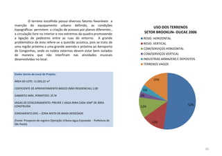 O terreno escolhido possui diversos fatores favoráveis a
inserção do equipamento urbano definido, as condições
topográficas permitem a criação de acessos por planos diferentes ,
a circulação livre no interior e nos extremos da quadra promovendo
a ligação de pedestres entre as ruas do entorno. A grande
problemática da área refere-se a questão acústica, pois se trata de
uma região próxima a uma grande avenida e próxima ao Aeroporto
de Congonhas, onde os ruídos externos devem estar bem isolados
de maneira que não interfiram nas atividades musicais
desenvolvidas no local.
52%
13%
12%
3%
5%
15%
USO DOS TERRENOS
SETOR BROOKLIN- OUCAE 2006
RESID. HORIZONTAL
RESID. VERTICAL
COM/SERVIÇOS HORIZONTAL
COM/SERVIÇOS VERTICAL
INDUSTRIAS ARMAZENS E DEPOSITOS
TERRENOS VAGOS
Dados Gerais do Local de Projeto:
ÁREA DO LOTE: 11.093,22 m²
COEFICIENTE DE APROVEITAMENTO BÁSICO (NÂO RESIDENCIAL) 1,00
GABARITO MÁX. PERMITIDO: 25 M
VAGAS DE ESTACIONAMENTO: PREVER 1 VAGA PARA CADA 35M² DE ÁREA
CONSTRUÍDA
ZONEAMENTO:ZM1 – ZONA MISTA DE BAIXA DENSIDADE
(Fonte: Prospecto de registro Operação Urbana Agua Espraiada - Prefeitura de
São Paulo)
16
 