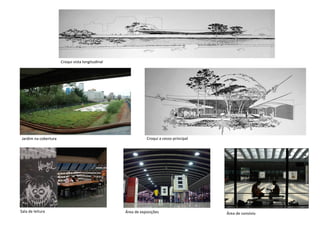 Croqui vista longitudinal
Jardim na cobertura Croqui a cesso principal
Sala de leitura Área de exposições Área de convívio
 