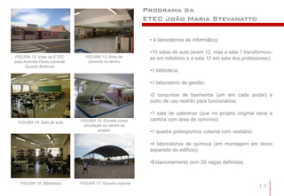Programa da
                                                         ETEC João Maria Stevanatto

                                                          • 4 laboratórios de informática;

                                                          •10 salas de aula (eram 12, mas a sala 1 transformou-
FIGURA 12: Vista da ETEC       FIGURA 13: Área de         se em refeitório e a sala 12 em sala dos professores);
pela Avenida Paulo Lacerda      convívio no térreo
      Quartin Barbosa
                                                          •1 biblioteca;

                                                          •1 laboratório de gestão;

                                                          •2 conjuntos de banheiros (um em cada andar) e
                                                          outro de uso restrito para funcionários;

                                                          •1 sala de palestras (que no projeto original seria a
                             FIGURA 15: Escada como       cantina com área de convívio);
 FIGURA 14: Sala de aula
                              circulação no centro do
                                      projeto             •1 quadra poliesportiva coberta com vestiário;

                                                          •4 laboratórios de química (em montagem em bloco
                                                          separado do edifício);

                                                          •Estacionamento com 29 vagas definidas.



   FIGURA 16: Biblioteca     FIGURA 17: Quadra coberta
                                                                                                           11
 