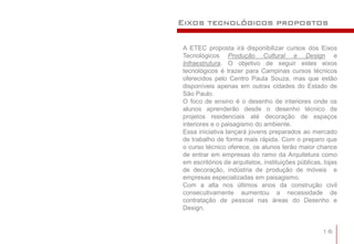 Eixos tecnológicos propostos

A ETEC proposta irá disponibilizar cursos dos Eixos
Tecnológicos Produção Cultural e Design e
Infraestrutura. O objetivo de seguir estes eixos
tecnológicos é trazer para Campinas cursos técnicos
oferecidos pelo Centro Paula Souza, mas que estão
disponíveis apenas em outras cidades do Estado de
São Paulo.
O foco de ensino é o desenho de interiores onde os
alunos aprenderão desde o desenho técnico de
projetos residenciais até decoração de espaços
interiores e o paisagismo do ambiente.
Essa iniciativa lançará jovens preparados ao mercado
de trabalho de forma mais rápida. Com o preparo que
o curso técnico oferece, os alunos terão maior chance
de entrar em empresas do ramo da Arquitetura como
em escritórios de arquitetos, instituições públicas, lojas
de decoração, indústria de produção de móveis e
empresas especializadas em paisagismo.
Com a alta nos últimos anos da construção civil
consecutivamente aumentou a necessidade de
contratação de pessoal nas áreas do Desenho e
Design.


                                                    16
 