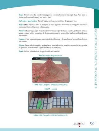 135
CONTEÚDOSEDIDÁTICADEGEOGRAFIA
Ruas: Recorte tiras (1,5 cm) de lixa de parede e cole na base com fita dupla-face. Para fazer as
linhas, utilize tinta branca e um pincel fino.
Calçadas e quarteirões: Recorte e cole tiras de piso sintético de qualquer cor.
Ponte: Meça o espaço entre as margens do rio e faça uma miniatura de uma ponte utilizando
palitos de fósforo. Fixe com cola madeira.
Árvores: Recorte pedaços pequenos (em forma de copa) de bucha vegetal, pinte com tinta de
tecido verde e utilize os palitos de dente para simular o tronco. Fixe na base utilizando cola
instantânea.
Grama: Pinte o pano de prato com tinta de tecido verde e depois fixe na base utilizando cola
instantânea.
Morro: Passe cola de madeira no local a ser simulado como uma área sem cobertura vegetal
e, após isso, espalhe terra. Espere secar e retire o excesso.
Água: Utilize gel de cabelo, de preferência, na cor azul.
Foto 16 – Base com grama e ruas
Fonte: PIBID Geografia – UNESP/Ourinhos (2012).
Foto 17 – Árvores
Fonte: PIBID Geografia – UNESP/Ourinhos (2012).
 