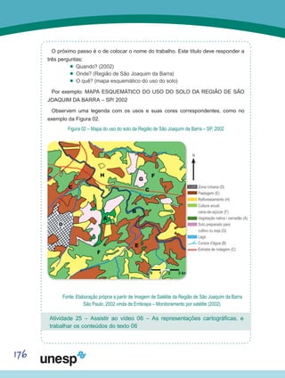 176
Fonte: Elaboração própria a partir de Imagem de Satélite da Região de São Joaquim da Barra
São Paulo, 2002 vinda de Embrapa – Monitoramento por satélite (2002).
O próximo passo é o de colocar o nome do trabalho. Este título deve responder a
três perguntas:
’’ Quando? (2002)
’’ Onde? (Região de São Joaquim da Barra)
’’ O quê? (mapa esquemático do uso do solo)
Por exemplo: MAPA ESQUEMÁTICO DO USO DO SOLO DA REGIÃO DE SÃO
JOAQUIM DA BARRA – SP/ 2002
Observem uma legenda com os usos e suas cores correspondentes, como no
exemplo da Figura 02.
Figura 02 – Mapa do uso do solo da Região de São Joaquim da Barra – SP, 2002
Zona Urbana (D)
Pastagem (E)
Reflorestamento (H)
Cultura anual:
cana-de-açúcar (F)
Vegetação nativa / cerradão (A)
Solo preparado para
cultivo ou soja (G)
Lago
Cursos d'água (B)
Estrada de rodagem (C)
N
Atividade 25 – Assistir ao vídeo 06 – As representações cartográficas, e
trabalhar os conteúdos do texto 06
 