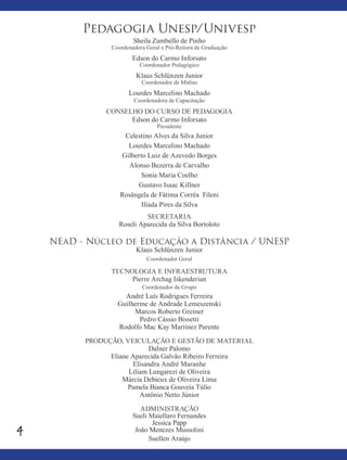 4
Pedagogia Unesp/Univesp
Sheila Zambello de Pinho
Coordenadora Geral e Pró-Reitora de Graduação
Edson do Carmo Inforsato
Coordenador Pedagógico
Klaus Schlünzen Junior
Coordenador de Mídias
Lourdes Marcelino Machado
Coordenadora de Capacitação
CONSELHO DO CURSO DE PEDAGOGIA
Edson do Carmo Inforsato
Presidente
Celestino Alves da Silva Junior
Lourdes Marcelino Machado
Gilberto Luiz de Azevedo Borges
Alonso Bezerra de Carvalho
Sonia Maria Coelho
Gustavo Isaac Killner
Rosângela de Fátima Corrêa Fileni
Ilíada Pires da Silva
SECRETARIA
Roseli Aparecida da Silva Bortoloto
NEaD - Núcleo de Educação a Distância / UNESP
Klaus Schlünzen Junior
Coordenador Geral
TECNOLOGIA E INFRAESTRUTURA
Pierre Archag Iskenderian
Coordenador de Grupo
André Luís Rodrigues Ferreira
Guilherme de Andrade Lemeszenski
Marcos Roberto Greiner
Pedro Cássio Bissetti
Rodolfo Mac Kay Martinez Parente
PRODUÇÃO, VEICULAÇÃO E GESTÃO DE MATERIAL
Dalner Palomo
Eliane Aparecida Galvão Ribeiro Ferreira
Elisandra André Maranhe
Liliam Lungarezi de Oliveira
Márcia Debieux de Oliveira Lima
Pamela Bianca Gouveia Túlio
Antônio Netto Júnior
ADMINISTRAÇÃO
Sueli Maiellaro Fernandes
Jessica Papp
João Menezes Mussolini
Suellen Araújo
 