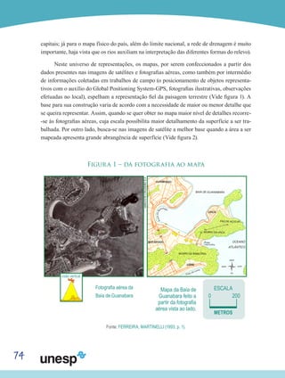 74
capitais; já para o mapa físico do país, além do limite nacional, a rede de drenagem é muito
importante, haja vista que os rios auxiliam na interpretação das diferentes formas do relevo).
Neste universo de representações, os mapas, por serem confeccionados a partir dos
dados presentes nas imagens de satélites e fotografias aéreas, como também por intermédio
de informações coletadas em trabalhos de campo (o posicionamento de objetos representa-
tivos com o auxílio do Global Positioning System-GPS, fotografias ilustrativas, observações
efetuadas no local), espelham a representação fiel da paisagem terrestre (Vide figura 1). A
base para sua construção varia de acordo com a necessidade de maior ou menor detalhe que
se queira representar. Assim, quando se quer obter no mapa maior nível de detalhes recorre-
-se às fotografias aéreas, cuja escala possibilita maior detalhamento da superfície a ser tra-
balhada. Por outro lado, busca-se nas imagens de satélite a melhor base quando a área a ser
mapeada apresenta grande abrangência de superfície (Vide figura 2).
Figura 1 – da fotografia ao mapa
Fonte: FERREIRA; MARTINELLI (1993, p. 1).
Fotografia aérea da
Baía de Guanabara
visão vertical
Mapa da Baía de
Guanabara feito a
partir da fotografia
aérea vista ao lado.
ESCALA
METROS
0 200
 