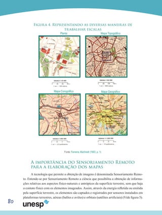 80
Figura 4. Representando as diversas maneiras de
trabalhar escalas
Fonte: Ferreira; Martinelli (1993, p. 1).
A importância do Sensoriamento Remoto
para a elaboração dos mapas
A tecnologia que permite a obtenção de imagens é denominada Sensoriamento Remo-
to. Entende-se por Sensoriamento Remoto a ciência que possibilita a obtenção de informa-
ções relativas aos aspectos físico-naturais e antrópicos da superfície terrestre, sem que haja
o contato físico com os elementos imageados. Assim, através da energia refletida ou emitida
pela superfície terrestre, os elementos são captados e registrados por sensores instalados em
plataformas terrestres, aéreas (balões e aviões) e orbitais (satélites artificiais) (Vide figura 5).
Planta
Mapa Corográfico
Mapa Topográfico
Mapa Geográfico
 