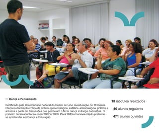 ::: Dança e Pensamento
                                                                                         18 módulos realizados
Certificado pela Universidade Federal do Ceará, o curso teve duração de 18 meses.
Ofereceu formação crítica de ordem epistemológica, estética, antropológica, política e    46 alunos regulares
artística a partir de discussões que permeiam o fazer dança ao longo da história. O
primeiro curso aconteceu entre 2007 e 2009. Para 2013 uma nova edição pretende
se aprofundar em Dança e Educação.                                                        471 alunos ouvintes
 