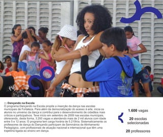 ::: Dançando na Escola
O programa Dançando na Escola propõe a inserção da dança nas escolas
municipais de Fortaleza. Para além da democratização do acesso à arte, inicia os
alunos no universo da dança e contribui para o desenvolvimento de cidadãos mais
                                                                                      1.600 vagas
críticos e participativos. Teve início em setembro de 2009 nas escolas municipais,
oferecendo, desta forma, 3.200 vagas e atendendo mais de 2 mil alunos com idade       20 escolas
entre 5 e 12 anos. O programa tem carga horária de 5.210h/a. Sistematicamente os
professores de dança do Dançando participam de Seminários de Alinhamento
                                                                                     selecionadas
Pedagógico, com profissionais de atuação nacional e internacional que têm uma
trajetória ligada ao ensino em dança.                                                20 professores
 