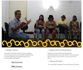::: Diálogos Teatrais                           ::: Registro Cênico Contemporâneo

Encontros mensais que têm como proposta         Mostra de vídeos sobre as expressões
reunir pessoas para compartilhar experiências   contemporâneas das artes cênicas. Os encontros
e trocar saberes entre grupos locais e de       são mensais e que tiveram início em junho de
outros estados do Brasil.                       2012 .

                                                ::: Oficinas de Teatro
           14 encontros
                                                Em setembro começam os cursos livres de teatro.
           340 pessoas
 