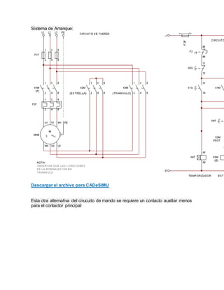 Sistema de Arranque:
Descargar el archivo para CADeSIMU
Esta otra alternativa del cirucuito de mando se requiere un contacto auxiliar menos
para el contactor principal
 
