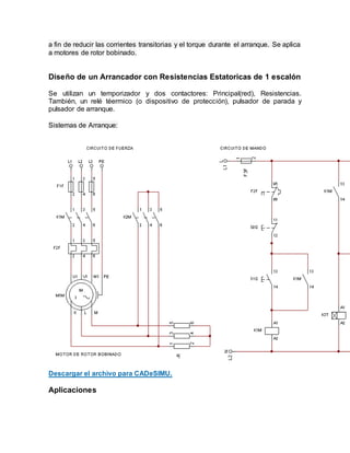 a fin de reducir las corrientes transitorias y el torque durante el arranque. Se aplica
a motores de rotor bobinado.
Diseño de un Arrancador con Resistencias Estatoricas de 1 escalón
Se utilizan un temporizador y dos contactores: Principal(red), Resistencias.
También, un relé téermico (o dispositivo de protección), pulsador de parada y
pulsador de arranque.
Sistemas de Arranque:
Descargar el archivo para CADeSIMU.
Aplicaciones
 