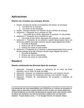 Aplicaciones
Diseño con circuitos con arranque directo
1. Diseño. Circuitos de mando con limitadores del número de arranques
1. Con límite de un arranque
2. Con límite de dos arranques
2. Diseño. Arranque director con inversión de giro y límites de arranque.
3. Aplicación 1. Transporte de un producto en caja.
1. Con limite de un carrito, deja pasar un producto, un solo sentido
4. Aplicación 2. Transporte de un producto en caja.
1. Con limite de dos carrito, deja pasar dos producto, un solo sentido
5. Aplicación 3. Transporte de un producto a granel (temporizado) hacia uno
de los dos sentidos de la faja (inversión del giro según llegada del carrito)
1. Sin limite de llegadas
2. Arranca una vez en cada sentido
3. Arranca dos veces en cada sentido
6. Aplicación 4 Transporte de un insumos a granel (temporizado) hacia uno de
los dos sentidos de la faja (inversión del giro según llegada del carrito)
1. Sin limite de llegadas
2. Arranca una vez en cada sentido
3. Arranca dos veces en cada sentido
Diseño 2
Diseño conbinando los diversos tipos de arranque
1. Aplicación. Arranque y parada en secuencia de un motor de Rotor
bobinado y de un motor de Jaula de ardilla..
2. Aplicación. Arranque con resitencias estatoricas y con inversion de giro
3. Aplicación. Arranque con resitencias rotoricas y con inversion de giro
4. Aplicación. Proyecto de automatizacion del transporte y molienda de
materiales.
Los esquemas han sido desarrollados con CADeSimu, en muchos se encuentra el
enlace para su descarga o puede solicitar el envio al autor por correo electrónico.
Si tiene problemas con los links de descarga se sugiere hacer click derecho sobre
el enlace (se muestrará una lista de opciones) y seleccionar con Microsoft
Explorer: "Copiar destino como..." Y en Google Chrome: en Guardar enlace
 