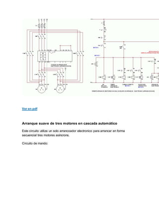 Ver en pdf
Arranque suave de tres motores en cascada automático
Este circuito utiliza un solo arrancoador electronico para arrancar en forma
secuencial tres motores asíncrons.
Circuito de mando:
 