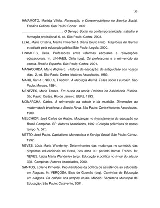 55

IAMAMOTO, Marilda Villela. Renovação e Conservadorismo no Serviço Social.
   Ensaios Críticos. São Paulo: Cortez, 1992.
_______________________. O Serviço Social na contemporaneidade: trabalho e
   formação profissional. 6. ed. São Paulo: Cortez, 2003.
LEAL, Maria Cristina, Marília Pimentel & Diana Couto Pinto. Trajetórias de liberais
   e radicais pela educação pública.São Paulo: Loyola, 2000.
LINHARES,     Célia.   Professores   entre   reformas   escolares   e   reinvenções
   educacionais. In: LINHAES, Célia (org). Os professores e a reinvenção da
   escola. Brasil e Espanha. São Paulo: Cortez, 2001.
MANACORDA, Mario Alighiero. História da educação: da antiguidade aos nossos
   dias. 2. ed. São Paulo: Cortez /Autores Associados, 1989.
MARX, Karl & ENGELS, Friedrich. A Ideologia Alemã. Teses sobre Feurbach. São
   Paulo: Moraes, 1984.
MENEZES, Maria Tereza. Em busca da teoria: Políticas de Assistência Pública.
   São Paulo: Cortez; Rio de Janeiro: UERJ, 1993.
MONARCHA, Carlos. A reinvenção da cidade e da multidão. Dimensões da
   modernidade brasileira: a Escola Nova. São Paulo: Cortez/Autores Associados,
   1989.
MELCHIOR, José Carlos de Araújo. Mudanças no financiamento da educação no
   Brasil. Campinas, SP: Autores Associados, 1997. (Coleção polêmicas de nosso
   tempo; V. 57.).
NETTO, José Paulo. Capitalismo Monopolista e Serviço Social. São Paulo: Cortez,
   1992.
NEVES, Lúcia Maria Wanderley. Determinantes das mudanças no conteúdo das
   propostas educacionais no Brasil, dos anos 90: período Itamar Franco. In:
   NEVES, Lúcia Maria Wanderley (org). Educação e política no limiar do século
   XXI. Campinas: Autores Associados, 2000.
SANTOS, Edilene Pimentel. Peculiaridades da política de assistência ao estudante
   em Alagoas. In: VERÇOSA, Elcio de Gusmão (org). Caminhos da Educação
   em Alagoas. Da colônia aos tempos atuais. Maceió: Secretaria Municipal de
   Educação; São Paulo: Catavento, 2001.
 