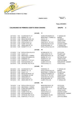 Página 3 de 9
                                                  PRIMERA CADETE                       GRUPO 2




                                                                                 Temp. 2012/2013


CALENDARIO DE PRIMERA CADETE GRAN CANARIA                                          GRUPO         2


                                            Jornada   9

24/11/2012   9:00    ALCARAVAN "B", C.F.              GUINIG.APOLINARIO,CD.       P. GONÇALVEZ
24/11/2012   10:30   BARRIAL "B", U. D.               MEDIFONSA. L.TORRES "A",    BARRIAL
24/11/2012   12:00   MESAS BACHICAO.,UD.              GUIA B, U.D.                LAS MESAS
24/11/2012   12:00   COLORADAS, UD LAS                FERRERAS, CF.               JORGE PULIDO
24/11/2012   12:30   COSTA AYALA, U.J.                PUERTOS L.P. "B" C.E.F.     COSTA AYALA
24/11/2012   12:30   CLARET ATCO, AD.                 VETER.DEL PILA "A",CD.      COLEGIO CLARET
25/11/2012   9:00    UNION VIERA "B", CF.             INTER-NACIONAL "D"          P. GONÇALVEZ
25/11/2012   12:00   ACODETTI "C", CF.                ESTELLA ROJA VILLA CF.      LA MAYORDOMIA 2

                                            Jornada   10

01/12/2012   11:00   ESTELLA ROJA VILLA CF.           ALCARAVAN "B", C.F.         LOS OLIVOS
01/12/2012   12:00   GUIA B, U.D.                     UNION VIERA "B", CF.        POLIDEP.GUIA
01/12/2012   12:00   MEDIFONSA. L.TORRES              MESAS BACHICAO.,UD.         LAS TORRES
01/12/2012   12:00   GUINIG.APOLINARIO,CD.            BARRIAL "B", U. D.          ANTONIO ROJAS
01/12/2012   12:00   FERRERAS, CF.                    ACODETTI "C", CF.           JORGE PULIDO
01/12/2012   12:00   PUERTOS L.P. "B" C.E.F.          HEIDELBERG,CF.              JUNTA DE OBRAS
01/12/2012   20:00   INTER-NACIONAL "D"               CLARET ATCO, AD.            PARQ.DEPORT. JINAMAR
02/12/2012   12:00   VETER.DEL PILA "A",CD.           COSTA AYALA, U.J.           COSTA AYALA

                                            Jornada   11

08/12/2012   9:00    ALCARAVAN "B", C.F.              FERRERAS, CF.               P. GONÇALVEZ
08/12/2012   10:30   BARRIAL "B", U. D.               ESTELLA ROJA VILLA CF.      BARRIAL
08/12/2012   12:00   GUIA B, U.D.                     MEDIFONSA. L.TORRES "A",    POLIDEP.GUIA
08/12/2012   12:00   MESAS BACHICAO.,UD.              GUINIG.APOLINARIO,CD.       LAS MESAS
08/12/2012   12:00   COLORADAS, UD LAS                PUERTOS L.P. "B" C.E.F.     JORGE PULIDO
08/12/2012   12:00   HEIDELBERG,CF.                   VETER.DEL PILA "A",CD.      HEIDELBERG
08/12/2012   12:30   COSTA AYALA, U.J.                INTER-NACIONAL "D"          COSTA AYALA
09/12/2012   9:00    UNION VIERA "B", CF.             CLARET ATCO, AD.            P. GONÇALVEZ

                                            Jornada   12

15/12/2012   11:00   ESTELLA ROJA VILLA CF.           MESAS BACHICAO.,UD.         LOS OLIVOS
15/12/2012   12:00   MEDIFONSA. L.TORRES              UNION VIERA "B", CF.        LAS TORRES
15/12/2012   12:00   GUINIG.APOLINARIO,CD.            GUIA B, U.D.                ANTONIO ROJAS
15/12/2012   12:00   FERRERAS, CF.                    BARRIAL "B", U. D.          JORGE PULIDO
15/12/2012   12:30   CLARET ATCO, AD.                 COSTA AYALA, U.J.           COLEGIO CLARET
15/12/2012   18:00   INTER-NACIONAL "D"               HEIDELBERG,CF.              PARQ.DEPORT. JINAMAR
16/12/2012   12:00   VETER.DEL PILA "A",CD.           COLORADAS, UD LAS           COSTA AYALA
16/12/2012   14:00   PUERTOS L.P. "B" C.E.F.          ACODETTI "C", CF.           JUNTA DE OBRAS
 