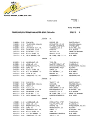 Página 6 de 8
                                                 PRIMERA CADETE                       GRUPO 5




                                                                                Temp. 2012/2013


CALENDARIO DE PRIMERA CADETE GRAN CANARIA                                         GRUPO         5


                                           Jornada   21

23/02/2013   12:00   ALMA'S, CD.                     HUESAS, U.D.                MASPALOMAS 1
23/02/2013   12:00   POLIGONO DE ARINAGA,            LONGUERAS, C.D. LAS         POL.RES.ARINAGA
23/02/2013   12:00   YOÑE, C.D.                      PLAY.DEL HOMBRE,CD.         LAS REMUDAS
23/02/2013   12:30   MAJORERAS GUAY., CF.            VALSEQUILLO, U.D.           E.M. CAPELLANIA
23/02/2013   13:00   VALLINAMAR "C", CD              GORO, CD.                   E.M. JINAMAR
23/02/2013   16:00   VECINDARIO "C", CD              TELDE "B", U.D.             ANEXO VECINDARIO
23/02/2013   16:00   NUEVAS BASES, U.D.              VELEZ, U.D. LOS             E.M. CALERO
23/02/2013   17:00   UNION MARINA "A",CF.            INTER-NACIONAL "A", C.D.    M.M. "NAÑO"

                                           Jornada   22

02/03/2013   11:00   VALSEQUILLO, U.D.               YOÑE, C.D.                  VALSEQUILLO
02/03/2013   11:00   VELEZ, U.D. LOS                 MAJORERAS GUAY., CF.        M. LOS VELEZ
02/03/2013   12:00   INTER-NACIONAL "A",             POLIGONO DE ARINAGA,        PARQ.DEPORT. JINAMAR
02/03/2013   12:00   GORO, CD.                       UNION MARINA "A",CF.        EL GORO
02/03/2013   16:00   NUEVAS BASES, U.D.              ALMA'S, CD.                 E.M. CALERO
02/03/2013   17:00   PLAY.DEL HOMBRE,CD.             VALLINAMAR "C", CD          M.M. "NAÑO"
02/03/2013   18:00   TELDE "B", U.D.                 HUESAS, U.D.                PABLO HDEZ.
02/03/2013   18:00   LONGUERAS, C.D. LAS             VECINDARIO "C", CD          LA HERRADURA

                                           Jornada   23

09/03/2013   12:00   ALMA'S, CD.                     TELDE "B", U.D.             MASPALOMAS 1
09/03/2013   12:00   POLIGONO DE ARINAGA,            GORO, CD.                   POL.RES.ARINAGA
09/03/2013   12:00   YOÑE, C.D.                      VELEZ, U.D. LOS             LAS REMUDAS
09/03/2013   12:30   HUESAS, U.D.                    LONGUERAS, C.D. LAS         LAS HUESAS
09/03/2013   12:30   MAJORERAS GUAY., CF.            NUEVAS BASES, U.D.          E.M. CAPELLANIA
09/03/2013   13:00   VALLINAMAR "C", CD              VALSEQUILLO, U.D.           E.M. JINAMAR
09/03/2013   16:00   VECINDARIO "C", CD              INTER-NACIONAL "A", C.D.    ANEXO VECINDARIO
09/03/2013   17:00   UNION MARINA "A",CF.            PLAY.DEL HOMBRE,CD.         M.M. "NAÑO"

                                           Jornada   24

16/03/2013   11:00   VALSEQUILLO, U.D.               UNION MARINA "A",CF.        VALSEQUILLO
16/03/2013   11:00   VELEZ, U.D. LOS                 VALLINAMAR "C", CD          M. LOS VELEZ
16/03/2013   12:00   INTER-NACIONAL "A",             HUESAS, U.D.                PARQ.DEPORT. JINAMAR
16/03/2013   12:00   GORO, CD.                       VECINDARIO "C", CD          EL GORO
16/03/2013   12:30   MAJORERAS GUAY., CF.            ALMA'S, CD.                 E.M. CAPELLANIA
16/03/2013   16:00   NUEVAS BASES, U.D.              YOÑE, C.D.                  E.M. CALERO
16/03/2013   17:00   PLAY.DEL HOMBRE,CD.             POLIGONO DE ARINAGA,        M.M. "NAÑO"
16/03/2013   18:00   LONGUERAS, C.D. LAS             TELDE "B", U.D.             LA HERRADURA
 