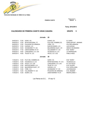 Página 8 de 8
                                               PRIMERA CADETE                         GRUPO 5




                                                                                Temp. 2012/2013


CALENDARIO DE PRIMERA CADETE GRAN CANARIA                                         GRUPO         5


                                        Jornada      29

04/05/2013   12:00   GORO, CD.                       ALMA'S, CD.                 EL GORO
04/05/2013   12:00   INTER-NACIONAL "A",             PLAY.DEL HOMBRE,CD.         PARQ.DEPORT. JINAMAR
04/05/2013   12:00   POLIGONO DE ARINAGA,            YOÑE, C.D.                  POL.RES.ARINAGA
04/05/2013   12:30   HUESAS, U.D.                    NUEVAS BASES, U.D.          LAS HUESAS
04/05/2013   16:00   VECINDARIO "C", CD              MAJORERAS GUAY., CF.        ANEXO VECINDARIO
04/05/2013   17:00   UNION MARINA "A",CF.            VALLINAMAR "C", CD          M.M. "NAÑO"
04/05/2013   18:00   LONGUERAS, C.D. LAS             VALSEQUILLO, U.D.           LA HERRADURA
04/05/2013   18:00   TELDE "B", U.D.                 VELEZ, U.D. LOS             PABLO HDEZ.

                                        Jornada      30

11/05/2013   12:00   PLAY.DEL HOMBRE,CD.             GORO, CD.                   M.M. "NAÑO"
11/05/2013   12:00   VALSEQUILLO, U.D.               INTER-NACIONAL "A", C.D.    VALSEQUILLO
11/05/2013   12:00   VELEZ, U.D. LOS                 LONGUERAS, C.D. LAS         M. LOS VELEZ
11/05/2013   12:00   NUEVAS BASES, U.D.              TELDE "B", U.D.             E.M. CALERO
11/05/2013   12:00   MAJORERAS GUAY., CF.            HUESAS, U.D.                E.M. CAPELLANIA
11/05/2013   12:00   YOÑE, C.D.                      VECINDARIO "C", CD          LAS REMUDAS
11/05/2013   12:00   VALLINAMAR "C", CD              POLIGONO DE ARINAGA,        E.M. JINAMAR
11/05/2013   12:00   ALMA'S, CD.                     UNION MARINA "A",CF.        MASPALOMAS 1



                               Las Palmas de G.C.,    07-sep-12
 