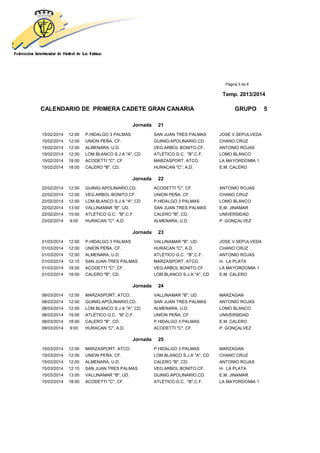 Página 5 de 6
Temp. 2013/2014
CALENDARIO DE PRIMERA CADETE GRAN CANARIA GRUPO 5
Jornada 21
15/02/2014 12:00 P.HIDALGO 3 PALMAS SAN JUAN TRES PALMAS JOSE V.SEPULVEDA
15/02/2014 12:00 UNION PEÑA, CF. GUINIG.APOLINARIO,CD. CHANO CRUZ
15/02/2014 12:00 ALMENARA, U.D. VEG.ARBOL BONITO,CF. ANTONIO ROJAS
15/02/2014 12:00 LOM.BLANCO S.J.A "A", CD ATLÉTICO G.C. "B",C.F. LOMO BLANCO
15/02/2014 18:00 ACODETTI "C", CF. MARZASPORT, ATCO. LA MAYORDOMIA 1
15/02/2014 18:00 CALERO "B", CD. HURACAN "C", A.D. E.M. CALERO
Jornada 22
22/02/2014 12:00 GUINIG.APOLINARIO,CD. ACODETTI "C", CF. ANTONIO ROJAS
22/02/2014 12:00 VEG.ARBOL BONITO,CF. UNION PEÑA, CF. CHANO CRUZ
22/02/2014 12:00 LOM.BLANCO S.J.A "A", CD P.HIDALGO 3 PALMAS LOMO BLANCO
22/02/2014 13:00 VALLINAMAR "B", UD. SAN JUAN TRES PALMAS E.M. JINAMAR
22/02/2014 15:00 ATLÉTICO G.C. "B",C.F. CALERO "B", CD. UNIVERSIDAD
23/02/2014 9:00 HURACAN "C", A.D. ALMENARA, U.D. P. GONÇALVEZ
Jornada 23
01/03/2014 12:00 P.HIDALGO 3 PALMAS VALLINAMAR "B", UD. JOSE V.SEPULVEDA
01/03/2014 12:00 UNION PEÑA, CF. HURACAN "C", A.D. CHANO CRUZ
01/03/2014 12:00 ALMENARA, U.D. ATLÉTICO G.C. "B",C.F. ANTONIO ROJAS
01/03/2014 12:15 SAN JUAN TRES PALMAS MARZASPORT, ATCO. H. LA PLATA
01/03/2014 18:00 ACODETTI "C", CF. VEG.ARBOL BONITO,CF. LA MAYORDOMIA 1
01/03/2014 18:00 CALERO "B", CD. LOM.BLANCO S.J.A "A", CD E.M. CALERO
Jornada 24
08/03/2014 12:00 MARZASPORT, ATCO. VALLINAMAR "B", UD. MARZAGAN
08/03/2014 12:00 GUINIG.APOLINARIO,CD. SAN JUAN TRES PALMAS ANTONIO ROJAS
08/03/2014 12:00 LOM.BLANCO S.J.A "A", CD ALMENARA, U.D. LOMO BLANCO
08/03/2014 15:00 ATLÉTICO G.C. "B",C.F. UNION PEÑA, CF. UNIVERSIDAD
08/03/2014 18:00 CALERO "B", CD. P.HIDALGO 3 PALMAS E.M. CALERO
09/03/2014 9:00 HURACAN "C", A.D. ACODETTI "C", CF. P. GONÇALVEZ
Jornada 25
15/03/2014 12:00 MARZASPORT, ATCO. P.HIDALGO 3 PALMAS MARZAGAN
15/03/2014 12:00 UNION PEÑA, CF. LOM.BLANCO S.J.A "A", CD CHANO CRUZ
15/03/2014 12:00 ALMENARA, U.D. CALERO "B", CD. ANTONIO ROJAS
15/03/2014 12:15 SAN JUAN TRES PALMAS VEG.ARBOL BONITO,CF. H. LA PLATA
15/03/2014 13:00 VALLINAMAR "B", UD. GUINIG.APOLINARIO,CD. E.M. JINAMAR
15/03/2014 18:00 ACODETTI "C", CF. ATLÉTICO G.C. "B",C.F. LA MAYORDOMIA 1
 