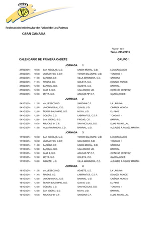 Federación Interinsular de Fútbol de Las Palmas 
GRAN CANARIA 
Página 1 de 8 
Temp. 2014/2015 
CALENDARIO DE PRIMERA CADETE GRUPO 1 
JORNADA 1 
27/09/2014 10:30 SAN NICOLAS, U.D. UNION MORAL, C.D. LOS CASCAJOS 
27/09/2014 10:30 LABRANTES, C.D.F. TEROR BALOMPIE, U.D. TONONO 1 
27/09/2014 11:00 SARDINA C.F. VILLA MARINERA, C.D. SARDINA 
27/09/2014 11:45 FIRGAS, CD. GOLETA, C.D. DOMGO. PONCE 
27/09/2014 12:00 BARRIAL, U.D. AGAETE, U.D. BARRIAL 
27/09/2014 12:00 GUIA B, U.D. VALLESECO UD. OCTAVIO ESTEVEZ 
27/09/2014 12:00 MOYA, U.D. ARUCAS "B" C.F. GARCIA HDEZ. 
JORNADA 2 
04/10/2014 11:30 VALLESECO UD. SARDINA C.F. LA LAGUNA 
04/10/2014 12:00 UNION MORAL, C.D. GUIA B, U.D. CAÑADA HONDA 
04/10/2014 12:00 TEROR BALOMPIE, U.D. MOYA, U.D. EL PINO 
04/10/2014 12:00 GOLETA, C.D. LABRANTES, C.D.F. TONONO 1 
04/10/2014 12:00 SAN ISIDRO, S.D. FIRGAS, CD. BARRIAL 
05/10/2014 10:30 ARUCAS "B" C.F. SAN NICOLAS, U.D. ELIAS RISKALLAL 
05/10/2014 11:00 VILLA MARINERA, C.D. BARRIAL, U.D. ALCALDE A.RGUEZ MARTIN 
JORNADA 3 
11/10/2014 10:30 SAN NICOLAS, U.D. TEROR BALOMPIE, U.D. LOS CASCAJOS 
11/10/2014 10:30 LABRANTES, C.D.F. SAN ISIDRO, S.D. TONONO 1 
11/10/2014 11:00 SARDINA C.F. UNION MORAL, C.D. SARDINA 
11/10/2014 12:00 BARRIAL, U.D. VALLESECO UD. BARRIAL 
11/10/2014 12:00 GUIA B, U.D. ARUCAS "B" C.F. OCTAVIO ESTEVEZ 
11/10/2014 12:00 MOYA, U.D. GOLETA, C.D. GARCIA HDEZ. 
11/10/2014 18:00 AGAETE, U.D. VILLA MARINERA, C.D. ALCALDE A.RGUEZ MARTIN 
JORNADA 4 
18/10/2014 11:30 VALLESECO UD. AGAETE, U.D. LA LAGUNA 
18/10/2014 11:45 FIRGAS, CD. LABRANTES, C.D.F. DOMGO. PONCE 
18/10/2014 12:00 UNION MORAL, C.D. BARRIAL, U.D. CAÑADA HONDA 
18/10/2014 12:00 TEROR BALOMPIE, U.D. GUIA B, U.D. EL PINO 
18/10/2014 12:00 GOLETA, C.D. SAN NICOLAS, U.D. TONONO 1 
18/10/2014 12:00 SAN ISIDRO, S.D. MOYA, U.D. BARRIAL 
19/10/2014 10:30 ARUCAS "B" C.F. SARDINA C.F. ELIAS RISKALLAL 
 