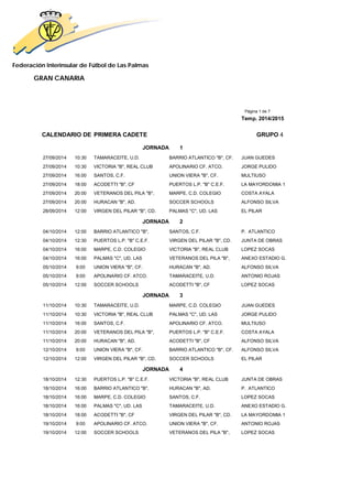 Federación Interinsular de Fútbol de Las Palmas
GRAN CANARIA
Página 1 de 7
Temp. 2014/2015
CALENDARIO DE PRIMERA CADETE GRUPO 4
JORNADA 1
27/09/2014 10:30 TAMARACEITE, U.D. BARRIO ATLANTICO "B", CF. JUAN GUEDES
27/09/2014 10:30 VICTORIA "B", REAL CLUB APOLINARIO CF. ATCO. JORGE PULIDO
27/09/2014 16:00 SANTOS, C.F. UNION VIERA "B", CF. MULTIUSO
27/09/2014 18:00 ACODETTI "B", CF PUERTOS L.P. "B" C.E.F. LA MAYORDOMIA 1
27/09/2014 20:00 VETERANOS DEL PILA "B", MARPE, C.D. COLEGIO COSTA AYALA
27/09/2014 20:00 HURACAN "B", AD. SOCCER SCHOOLS ALFONSO SILVA
28/09/2014 12:00 VIRGEN DEL PILAR "B", CD. PALMAS "C", UD. LAS EL PILAR
JORNADA 2
04/10/2014 12:00 BARRIO ATLANTICO "B", SANTOS, C.F. P. ATLANTICO
04/10/2014 12:30 PUERTOS L.P. "B" C.E.F. VIRGEN DEL PILAR "B", CD. JUNTA DE OBRAS
04/10/2014 16:00 MARPE, C.D. COLEGIO VICTORIA "B", REAL CLUB LOPEZ SOCAS
04/10/2014 16:00 PALMAS "C", UD. LAS VETERANOS DEL PILA "B", ANEXO ESTADIO G.
05/10/2014 9:00 UNION VIERA "B", CF. HURACAN "B", AD. ALFONSO SILVA
05/10/2014 9:00 APOLINARIO CF. ATCO. TAMARACEITE, U.D. ANTONIO ROJAS
05/10/2014 12:00 SOCCER SCHOOLS ACODETTI "B", CF LOPEZ SOCAS
JORNADA 3
11/10/2014 10:30 TAMARACEITE, U.D. MARPE, C.D. COLEGIO JUAN GUEDES
11/10/2014 10:30 VICTORIA "B", REAL CLUB PALMAS "C", UD. LAS JORGE PULIDO
11/10/2014 16:00 SANTOS, C.F. APOLINARIO CF. ATCO. MULTIUSO
11/10/2014 20:00 VETERANOS DEL PILA "B", PUERTOS L.P. "B" C.E.F. COSTA AYALA
11/10/2014 20:00 HURACAN "B", AD. ACODETTI "B", CF ALFONSO SILVA
12/10/2014 9:00 UNION VIERA "B", CF. BARRIO ATLANTICO "B", CF. ALFONSO SILVA
12/10/2014 12:00 VIRGEN DEL PILAR "B", CD. SOCCER SCHOOLS EL PILAR
JORNADA 4
18/10/2014 12:30 PUERTOS L.P. "B" C.E.F. VICTORIA "B", REAL CLUB JUNTA DE OBRAS
18/10/2014 16:00 BARRIO ATLANTICO "B", HURACAN "B", AD. P. ATLANTICO
18/10/2014 16:00 MARPE, C.D. COLEGIO SANTOS, C.F. LOPEZ SOCAS
18/10/2014 16:00 PALMAS "C", UD. LAS TAMARACEITE, U.D. ANEXO ESTADIO G.
18/10/2014 18:00 ACODETTI "B", CF VIRGEN DEL PILAR "B", CD. LA MAYORDOMIA 1
19/10/2014 9:00 APOLINARIO CF. ATCO. UNION VIERA "B", CF. ANTONIO ROJAS
19/10/2014 12:00 SOCCER SCHOOLS VETERANOS DEL PILA "B", LOPEZ SOCAS
 