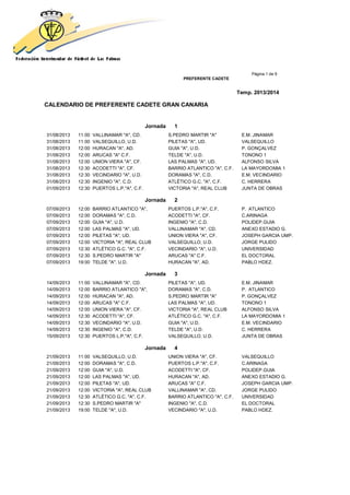 Página 1 de 9
PREFERENTE CADETE
Temp. 2013/2014
CALENDARIO DE PREFERENTE CADETE GRAN CANARIA
Jornada 1
31/08/2013 11:00 VALLINAMAR "A", CD. S.PEDRO MARTIR "A" E.M. JINAMAR
31/08/2013 11:00 VALSEQUILLO, U.D. PILETAS "A", UD. VALSEQUILLO
31/08/2013 12:00 HURACAN "A", AD. GUIA "A", U.D. P. GONÇALVEZ
31/08/2013 12:00 ARUCAS "A" C.F. TELDE "A", U.D. TONONO 1
31/08/2013 12:00 UNION VIERA "A", CF. LAS PALMAS "A", UD. ALFONSO SILVA
31/08/2013 12:30 ACODETTI "A", CF. BARRIO ATLANTICO "A", C.F. LA MAYORDOMIA 1
31/08/2013 12:30 VECINDARIO "A", U.D. DORAMAS "A", C.D. E.M. VECINDARIO
31/08/2013 12:30 INGENIO "A", C.D. ATLÉTICO G.C. "A", C.F. C. HERRERA
01/09/2013 12:30 PUERTOS L.P."A", C.F. VICTORIA "A", REAL CLUB JUNTA DE OBRAS
Jornada 2
07/09/2013 12:00 BARRIO ATLANTICO "A", PUERTOS L.P."A", C.F. P. ATLANTICO
07/09/2013 12:00 DORAMAS "A", C.D. ACODETTI "A", CF. C.ARINAGA
07/09/2013 12:00 GUIA "A", U.D. INGENIO "A", C.D. POLIDEP.GUIA
07/09/2013 12:00 LAS PALMAS "A", UD. VALLINAMAR "A", CD. ANEXO ESTADIO G.
07/09/2013 12:00 PILETAS "A", UD. UNION VIERA "A", CF. JOSEPH GARCIA UMP.
07/09/2013 12:00 VICTORIA "A", REAL CLUB VALSEQUILLO, U.D. JORGE PULIDO
07/09/2013 12:30 ATLÉTICO G.C. "A", C.F. VECINDARIO "A", U.D. UNIVERSIDAD
07/09/2013 12:30 S.PEDRO MARTIR "A" ARUCAS "A" C.F. EL DOCTORAL
07/09/2013 19:00 TELDE "A", U.D. HURACAN "A", AD. PABLO HDEZ.
Jornada 3
14/09/2013 11:00 VALLINAMAR "A", CD. PILETAS "A", UD. E.M. JINAMAR
14/09/2013 12:00 BARRIO ATLANTICO "A", DORAMAS "A", C.D. P. ATLANTICO
14/09/2013 12:00 HURACAN "A", AD. S.PEDRO MARTIR "A" P. GONÇALVEZ
14/09/2013 12:00 ARUCAS "A" C.F. LAS PALMAS "A", UD. TONONO 1
14/09/2013 12:00 UNION VIERA "A", CF. VICTORIA "A", REAL CLUB ALFONSO SILVA
14/09/2013 12:30 ACODETTI "A", CF. ATLÉTICO G.C. "A", C.F. LA MAYORDOMIA 1
14/09/2013 12:30 VECINDARIO "A", U.D. GUIA "A", U.D. E.M. VECINDARIO
14/09/2013 12:30 INGENIO "A", C.D. TELDE "A", U.D. C. HERRERA
15/09/2013 12:30 PUERTOS L.P."A", C.F. VALSEQUILLO, U.D. JUNTA DE OBRAS
Jornada 4
21/09/2013 11:00 VALSEQUILLO, U.D. UNION VIERA "A", CF. VALSEQUILLO
21/09/2013 12:00 DORAMAS "A", C.D. PUERTOS L.P."A", C.F. C.ARINAGA
21/09/2013 12:00 GUIA "A", U.D. ACODETTI "A", CF. POLIDEP.GUIA
21/09/2013 12:00 LAS PALMAS "A", UD. HURACAN "A", AD. ANEXO ESTADIO G.
21/09/2013 12:00 PILETAS "A", UD. ARUCAS "A" C.F. JOSEPH GARCIA UMP.
21/09/2013 12:00 VICTORIA "A", REAL CLUB VALLINAMAR "A", CD. JORGE PULIDO
21/09/2013 12:30 ATLÉTICO G.C. "A", C.F. BARRIO ATLANTICO "A", C.F. UNIVERSIDAD
21/09/2013 12:30 S.PEDRO MARTIR "A" INGENIO "A", C.D. EL DOCTORAL
21/09/2013 19:00 TELDE "A", U.D. VECINDARIO "A", U.D. PABLO HDEZ.
 