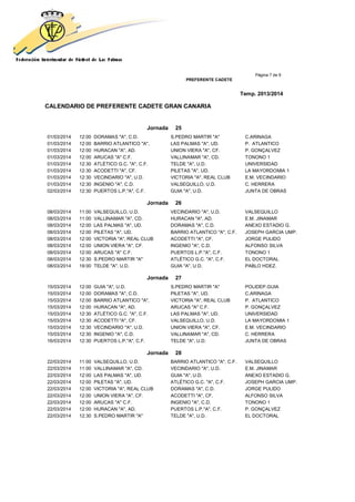 Página 7 de 9
PREFERENTE CADETE
Temp. 2013/2014
CALENDARIO DE PREFERENTE CADETE GRAN CANARIA
Jornada 25
01/03/2014 12:00 DORAMAS "A", C.D. S.PEDRO MARTIR "A" C.ARINAGA
01/03/2014 12:00 BARRIO ATLANTICO "A", LAS PALMAS "A", UD. P. ATLANTICO
01/03/2014 12:00 HURACAN "A", AD. UNION VIERA "A", CF. P. GONÇALVEZ
01/03/2014 12:00 ARUCAS "A" C.F. VALLINAMAR "A", CD. TONONO 1
01/03/2014 12:30 ATLÉTICO G.C. "A", C.F. TELDE "A", U.D. UNIVERSIDAD
01/03/2014 12:30 ACODETTI "A", CF. PILETAS "A", UD. LA MAYORDOMIA 1
01/03/2014 12:30 VECINDARIO "A", U.D. VICTORIA "A", REAL CLUB E.M. VECINDARIO
01/03/2014 12:30 INGENIO "A", C.D. VALSEQUILLO, U.D. C. HERRERA
02/03/2014 12:30 PUERTOS L.P."A", C.F. GUIA "A", U.D. JUNTA DE OBRAS
Jornada 26
08/03/2014 11:00 VALSEQUILLO, U.D. VECINDARIO "A", U.D. VALSEQUILLO
08/03/2014 11:00 VALLINAMAR "A", CD. HURACAN "A", AD. E.M. JINAMAR
08/03/2014 12:00 LAS PALMAS "A", UD. DORAMAS "A", C.D. ANEXO ESTADIO G.
08/03/2014 12:00 PILETAS "A", UD. BARRIO ATLANTICO "A", C.F. JOSEPH GARCIA UMP.
08/03/2014 12:00 VICTORIA "A", REAL CLUB ACODETTI "A", CF. JORGE PULIDO
08/03/2014 12:00 UNION VIERA "A", CF. INGENIO "A", C.D. ALFONSO SILVA
08/03/2014 12:00 ARUCAS "A" C.F. PUERTOS L.P."A", C.F. TONONO 1
08/03/2014 12:30 S.PEDRO MARTIR "A" ATLÉTICO G.C. "A", C.F. EL DOCTORAL
08/03/2014 19:00 TELDE "A", U.D. GUIA "A", U.D. PABLO HDEZ.
Jornada 27
15/03/2014 12:00 GUIA "A", U.D. S.PEDRO MARTIR "A" POLIDEP.GUIA
15/03/2014 12:00 DORAMAS "A", C.D. PILETAS "A", UD. C.ARINAGA
15/03/2014 12:00 BARRIO ATLANTICO "A", VICTORIA "A", REAL CLUB P. ATLANTICO
15/03/2014 12:00 HURACAN "A", AD. ARUCAS "A" C.F. P. GONÇALVEZ
15/03/2014 12:30 ATLÉTICO G.C. "A", C.F. LAS PALMAS "A", UD. UNIVERSIDAD
15/03/2014 12:30 ACODETTI "A", CF. VALSEQUILLO, U.D. LA MAYORDOMIA 1
15/03/2014 12:30 VECINDARIO "A", U.D. UNION VIERA "A", CF. E.M. VECINDARIO
15/03/2014 12:30 INGENIO "A", C.D. VALLINAMAR "A", CD. C. HERRERA
16/03/2014 12:30 PUERTOS L.P."A", C.F. TELDE "A", U.D. JUNTA DE OBRAS
Jornada 28
22/03/2014 11:00 VALSEQUILLO, U.D. BARRIO ATLANTICO "A", C.F. VALSEQUILLO
22/03/2014 11:00 VALLINAMAR "A", CD. VECINDARIO "A", U.D. E.M. JINAMAR
22/03/2014 12:00 LAS PALMAS "A", UD. GUIA "A", U.D. ANEXO ESTADIO G.
22/03/2014 12:00 PILETAS "A", UD. ATLÉTICO G.C. "A", C.F. JOSEPH GARCIA UMP.
22/03/2014 12:00 VICTORIA "A", REAL CLUB DORAMAS "A", C.D. JORGE PULIDO
22/03/2014 12:00 UNION VIERA "A", CF. ACODETTI "A", CF. ALFONSO SILVA
22/03/2014 12:00 ARUCAS "A" C.F. INGENIO "A", C.D. TONONO 1
22/03/2014 12:00 HURACAN "A", AD. PUERTOS L.P."A", C.F. P. GONÇALVEZ
22/03/2014 12:30 S.PEDRO MARTIR "A" TELDE "A", U.D. EL DOCTORAL
 