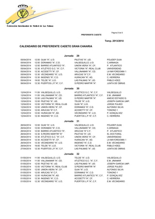 Página 8 de 9
PREFERENTE CADETE
Temp. 2013/2014
CALENDARIO DE PREFERENTE CADETE GRAN CANARIA
Jornada 29
05/04/2014 12:00 GUIA "A", U.D. PILETAS "A", UD. POLIDEP.GUIA
05/04/2014 12:00 DORAMAS "A", C.D. VALSEQUILLO, U.D. C.ARINAGA
05/04/2014 12:00 BARRIO ATLANTICO "A", UNION VIERA "A", CF. P. ATLANTICO
05/04/2014 12:30 ATLÉTICO G.C. "A", C.F. VICTORIA "A", REAL CLUB UNIVERSIDAD
05/04/2014 12:30 ACODETTI "A", CF. VALLINAMAR "A", CD. LA MAYORDOMIA 1
05/04/2014 12:30 VECINDARIO "A", U.D. ARUCAS "A" C.F. E.M. VECINDARIO
05/04/2014 12:30 INGENIO "A", C.D. HURACAN "A", AD. C. HERRERA
05/04/2014 19:00 TELDE "A", U.D. LAS PALMAS "A", UD. PABLO HDEZ.
06/04/2014 12:30 PUERTOS L.P."A", C.F. S.PEDRO MARTIR "A" JUNTA DE OBRAS
Jornada 30
12/04/2014 11:00 VALSEQUILLO, U.D. ATLÉTICO G.C. "A", C.F. VALSEQUILLO
12/04/2014 11:00 VALLINAMAR "A", CD. BARRIO ATLANTICO "A", C.F. E.M. JINAMAR
12/04/2014 12:00 LAS PALMAS "A", UD. S.PEDRO MARTIR "A" ANEXO ESTADIO G.
12/04/2014 12:00 PILETAS "A", UD. TELDE "A", U.D. JOSEPH GARCIA UMP.
12/04/2014 12:00 VICTORIA "A", REAL CLUB GUIA "A", U.D. JORGE PULIDO
12/04/2014 12:00 UNION VIERA "A", CF. DORAMAS "A", C.D. ALFONSO SILVA
12/04/2014 12:00 ARUCAS "A" C.F. ACODETTI "A", CF. TONONO 1
12/04/2014 12:00 HURACAN "A", AD. VECINDARIO "A", U.D. P. GONÇALVEZ
12/04/2014 12:30 INGENIO "A", C.D. PUERTOS L.P."A", C.F. C. HERRERA
Jornada 31
26/04/2014 12:00 GUIA "A", U.D. VALSEQUILLO, U.D. POLIDEP.GUIA
26/04/2014 12:00 DORAMAS "A", C.D. VALLINAMAR "A", CD. C.ARINAGA
26/04/2014 12:00 BARRIO ATLANTICO "A", ARUCAS "A" C.F. P. ATLANTICO
26/04/2014 12:30 S.PEDRO MARTIR "A" PILETAS "A", UD. EL DOCTORAL
26/04/2014 12:30 ATLÉTICO G.C. "A", C.F. UNION VIERA "A", CF. UNIVERSIDAD
26/04/2014 12:30 ACODETTI "A", CF. HURACAN "A", AD. LA MAYORDOMIA 1
26/04/2014 12:30 VECINDARIO "A", U.D. INGENIO "A", C.D. E.M. VECINDARIO
26/04/2014 19:00 TELDE "A", U.D. VICTORIA "A", REAL CLUB PABLO HDEZ.
27/04/2014 12:30 PUERTOS L.P."A", C.F. LAS PALMAS "A", UD. JUNTA DE OBRAS
Jornada 32
01/05/2014 11:00 VALSEQUILLO, U.D. TELDE "A", U.D. VALSEQUILLO
01/05/2014 11:00 VALLINAMAR "A", CD. ATLÉTICO G.C. "A", C.F. E.M. JINAMAR
01/05/2014 12:00 PILETAS "A", UD. LAS PALMAS "A", UD. JOSEPH GARCIA UMP.
01/05/2014 12:00 VICTORIA "A", REAL CLUB S.PEDRO MARTIR "A" JORGE PULIDO
01/05/2014 12:00 UNION VIERA "A", CF. GUIA "A", U.D. ALFONSO SILVA
01/05/2014 12:00 ARUCAS "A" C.F. DORAMAS "A", C.D. TONONO 1
01/05/2014 12:00 HURACAN "A", AD. BARRIO ATLANTICO "A", C.F. P. GONÇALVEZ
01/05/2014 12:30 INGENIO "A", C.D. ACODETTI "A", CF. C. HERRERA
01/05/2014 12:30 VECINDARIO "A", U.D. PUERTOS L.P."A", C.F. E.M. VECINDARIO
 
