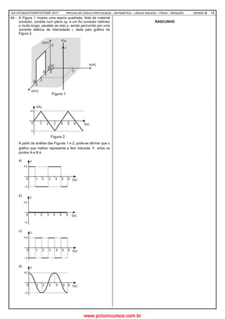 EA CFOAV/CFOINT/CFOINF 2017 PROVAS DE LÍNGUA PORTUGUESA – MATEMÁTICA – LÍNGUA INGLESA – FÍSICA – REDAÇÃO VERSÃO A 16
64 - A Figura 1 mostra uma espira quadrada, feita de material
condutor, contida num plano zy, e um fio condutor retilíneo
e muito longo, paralelo ao eixo z, sendo percorrido por uma
corrente elétrica de intensidade i, dada pelo gráfico da
Figura 2.
A partir da análise das Figuras 1 e 2, pode-se afirmar que o
gráfico que melhor representa a fem induzida ε entre os
pontos A e B é
a)
b)
c)
d)
RASCUNHO
www.pciconcursos.com.br
 
