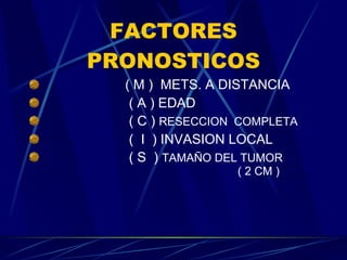 FACTORES PRONOSTICOS ( M )  METS. A DISTANCIA ( A ) EDAD ( C )  RESECCION  COMPLETA (  I  ) INVASION LOCAL ( S  )  TAMAÑO DEL TUMOR  ( 2 CM ) 