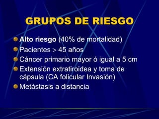 GRUPOS DE RIESGO Alto riesgo  (40% de mortalidad) Pacientes    45 años  Cáncer primario mayor ó igual a 5 cm  Extensión extratiroidea y toma de cápsula (CA folicular Invasión)  Metástasis a distancia 
