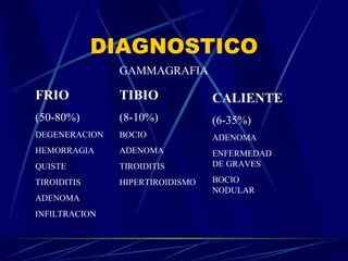 DIAGNOSTICO GAMMAGRAFIA FRIO (50-80%) DEGENERACION HEMORRAGIA QUISTE TIROIDITIS ADENOMA INFILTRACION TIBIO (8-10%) BOCIO ADENOMA TIROIDITIS HIPERTIROIDISMO CALIENTE (6-35%) ADENOMA ENFERMEDAD DE GRAVES BOCIO NODULAR 
