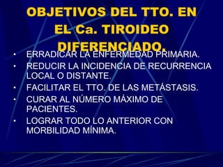 OBJETIVOS DEL TTO. EN EL Ca. TIROIDEO DIFERENCIADO. ERRADICAR LA ENFERMEDAD PRIMARIA. REDUCIR LA INCIDENCIA DE RECURRENCIA LOCAL O DISTANTE. FACILITAR EL TTO. DE LAS METÁSTASIS. CURAR AL NÚMERO MÁXIMO DE PACIENTES. LOGRAR TODO LO ANTERIOR CON MORBILIDAD MÍNIMA. 