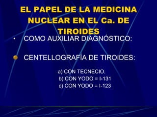 EL PAPEL DE LA MEDICINA NUCLEAR EN EL Ca. DE TIROIDES COMO AUXILIAR DIAGNÓSTICO: CENTELLOGRAFÍA DE TIROIDES: a) CON TECNECIO. b) CON YODO = I-131 c) CON YODO = I-123 