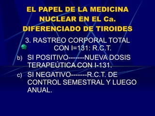 EL PAPEL DE LA MEDICINA NUCLEAR EN EL Ca. DIFERENCIADO DE TIROIDES 3. RASTREO CORPORAL TOTAL CON I=131: R.C.T. SI POSITIVO-------NUEVA DOSIS TERAPEÚTICA CON I-131. SI NEGATIVO-------R.C.T. DE CONTROL SEMESTRAL Y LUEGO ANUAL. 