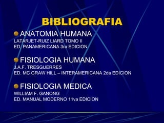 BIBLIOGRAFIA ANATOMIA HUMANA LATARJET-RUIZ LIARD TOMO II ED. PANAMERICANA 3ra EDICION FISIOLOGIA HUMANA J.A.F. TRESGUERRES ED. MC GRAW HILL – INTERAMERICANA 2da EDICION FISIOLOGIA MEDICA WILLIAM F. GANONG ED. MANUAL MODERNO 11va EDICION 