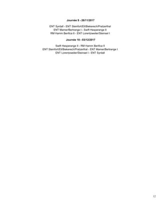 12
Journée 9 - 26/11/2017
ENT Syrdall - ENT Steinfort/Ell/Biekerech/Pratzerthal
ENT Mamer/Bertrange I - Swift Hesperange II
RM Hamm Benfica II - ENT Lorentzweiler/Steinsel I
Journée 10 - 03/12/2017
Swift Hesperange II - RM Hamm Benfica II
ENT Steinfort/Ell/Biekerech/Pratzerthal - ENT Mamer/Bertrange I
ENT Lorentzweiler/Steinsel I - ENT Syrdall
 