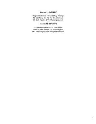 14
Journée 9 - 26/11/2017
Progrès Niederkorn - Union 05 Kayl-Tétange
FC Schifflange 95 - FC The Belval Belvaux
US Esch-Alzette - ENT Differdange/Luna II
Journée 10 - 03/12/2017
FC The Belval Belvaux - US Esch-Alzette
Union 05 Kayl-Tétange - FC Schifflange 95
ENT Differdange/Luna II - Progrès Niederkorn
 